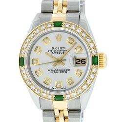 Rolex Ladies 2 Tone Yellow Gold Silver Diamond & Emerald Datejust Wristwatch