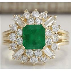 2.31 CTW Natural Emerald And Diamond Ring 14K Solid Yellow Gold