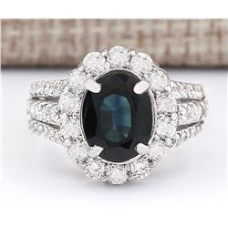 4.70 CTW Natural Blue Sapphire And Diamond Ring In 18K White Gold