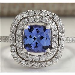 2.20 CTW Natural Blue Tanzanite And Diamond Ring In 18K White Gold