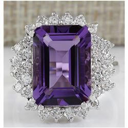 7.50 CTW Natural Amethyst And Diamond Ring In 18K White Gold