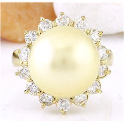 12.95 mm Gold South Sea Pearl 14K Solid Yellow Gold Diamond Ring