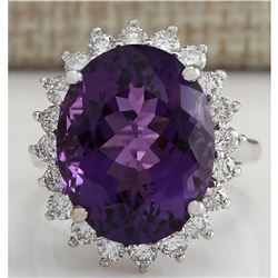 14.72CTW Natural Amethyst And Diamond Ring In 18K Solid White Gold