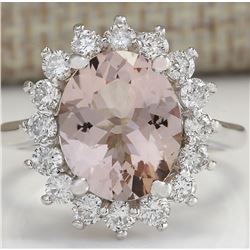 4.72 CTW Natural Peach Morganite And Diamond Ring In 18K Solid White Gold