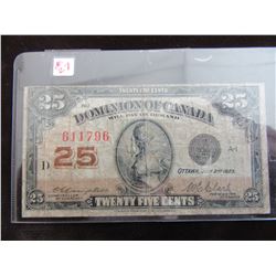 1923 DOMINION OF CANADA 25 CENT SHINPLASTER BANK NOTE