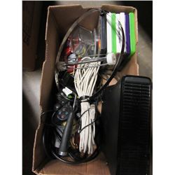 BOX WITH CABLES, DVD, TOOLS, HOOKS, HEATER, ETC