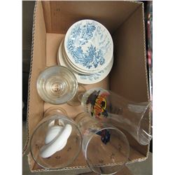 BOX WITH PLATES, SAUCERS, TALL GLASSES, ETC