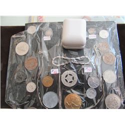 TRAY WITH WORLD, CANADA, USA & STERLING SILVER COINS & JEWELRY