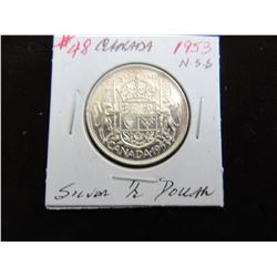 1953 NO SHOULDER STRAP CANADA SILVER HALF DOLLAR