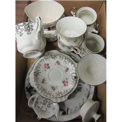 BOX WITH VARIOUS CUPS, SAUCERS, ETC