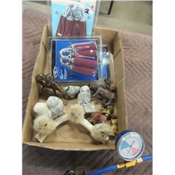 BOX WITH ORNAMENTS, EXERCISERS, ETC