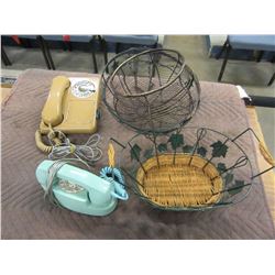 BOX WITH VINTAGE PHONES, HANGING PLANTERS, ETC