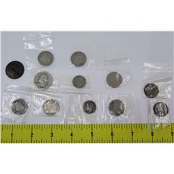 Qty 12 Coins: Quarters, Dimes in Plastic Sleeves: 1883, 1906, 1910, 1940, etc