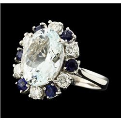 4.96 ctw Aquamarine, Sapphire and Diamond Ring - 14KT White Gold