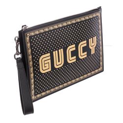 Gucci Black Gold Leather Sega Pouch Wristlet Clutch