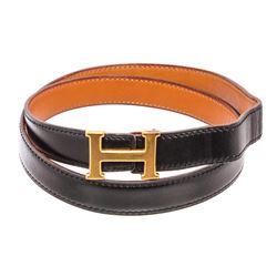 Hermes Vintage Black Brown Reversible Leather Gold Plated Skinny Belt