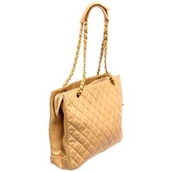 Chanel Beige Quilted Lambskin Leather Medium Tote Bag