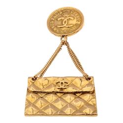 Chanel Gold Plated Quilted Flap Bag Drop Pendant Pin Brooch