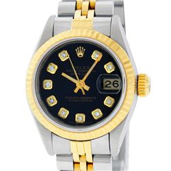 Rolex Ladies 2 Tone Yellow Gold Black Diamond 26MM Datejust Wristwatch