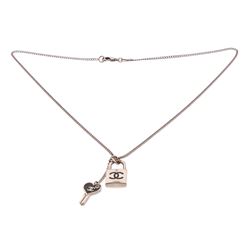 Chanel Silvertone Black Enamel Padlock and Heart Key Chain Necklace