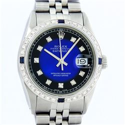 Rolex Mens Stainless Steel Blue Vignette Diamond & Sapphire Datejust Wristwatch