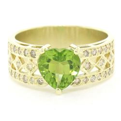 14kt Yellow Gold 1.90 ctw Heart Peridot and Diamond Wide Band Ring