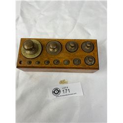 Beautiful Set of Vintage Brass Scale Weights Mounted in a Wooden Box