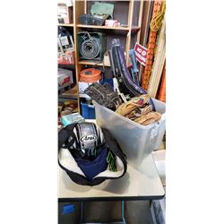 ARIA MOTORCYCLE HELMET, BIN OF SPORTS ITEMS, TENNIS RACKETS, BASEBALL GLOVES