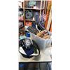 Image 1 : ARIA MOTORCYCLE HELMET, BIN OF SPORTS ITEMS, TENNIS RACKETS, BASEBALL GLOVES