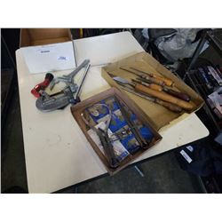 TRAY OF CHISELS, TOOLS, PIPE CUTTERS AND MEASURING TOOLS