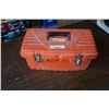 Image 1 : ORANGE TOOL BOX W/ CHALK LINES, LEATHER HOLSTERS, ETC