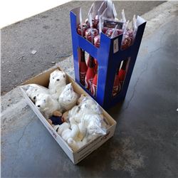 Box of 12 new padded bat and ball sets and box of stuffed dogs