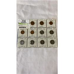 11 CANADIAN WAR-TIME 5 CENT COINS 1942 TOMBAC, 1943 V TOMBAC, 1944-1945 V NICKELS