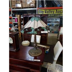 LARGE LEADED GLASS TABLE LAMP W/ ORNATE BRASS BASE