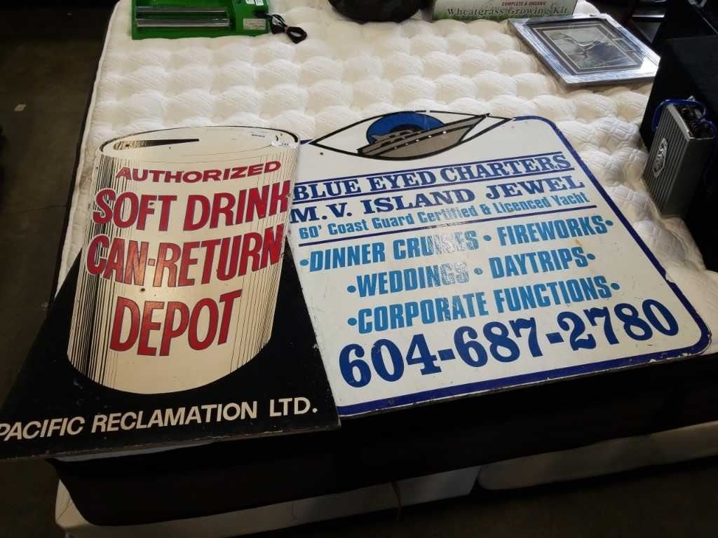 Can Return Sign 2 VINTAGE WOOD SIGNS, CHARTER COMPANY AND SOFT DRINK CAN RETURN DEPOT SIGN