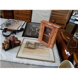 WOODEN DISPLAY SHELF, 2 BEAR BOOK ENDS, AND FRAMED PICTURE