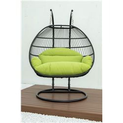 BRAND NEW GREEN CUSHION DOUBLE HANGING EGG CHAIR - RETAIL $1969 W/ FOLDABLE FRAME, POWDER COATED STE