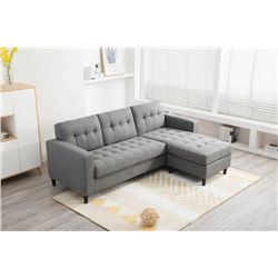 BRAND NEW GREY TUFTED REVERSIBLE SECTIONAL SOFA - RETAIL $899 COTTON LINEN FABRIC 5' X 7'