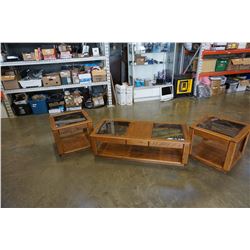 2 SOLID OAK GLASSTOP ENDTABLES AND COFFEE TABLE