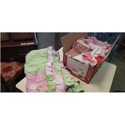 BOX OF LINENS AND QUILTS, AND 2 BAGS OF PILLOWS