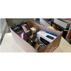 TRAY OF ELECTRONICS, PORTABLE SPEAKER, ALARM CLOCK