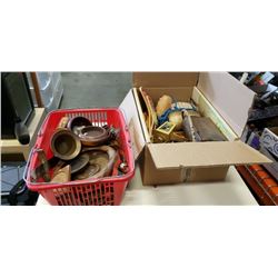 Box and basket of wooden and metal collectibles