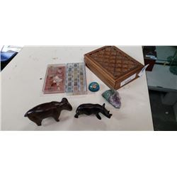 CARVED WOOD BEAR AND RHINO, FOSSIL COLLECTION, AMETHYST GEODE AND WOOD BOX