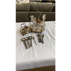 SILVER PALTE SERVING TRAY WITH GLASS CONDIMENT BOTTLES AND SILVER PLATE AND STAINLESS SPOONS