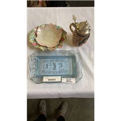 GERMAN STEIN, 2 CHINA PLATES AND BLUE GLASS PLATE