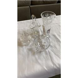 CRYSTAL BASKET, VASE, FOOTED BOWL AND LIDDED BOWL