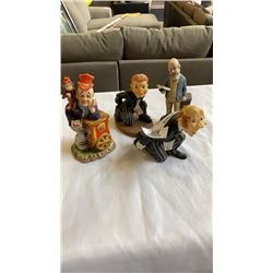 LOT OF 4 FIGURES, 2 ARE WINE BOTTLE HOLDERS