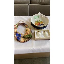 HUMLEBAEK DENMARK PLATE, GLADSTONE BONE CHINA PLATE, BOHEMIAN CZECH BOWL AND WELCOME WALL HANGING AN