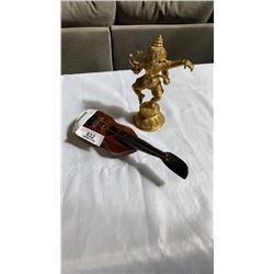 HEAVY BRASS FIGURE AND HEAVY WOOD INSTRUMENT FIGURE