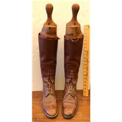 PAIR OF ANTIQUE BROWN LEATHER RIDING BOATS - FAULKNER & SON OF LONDON